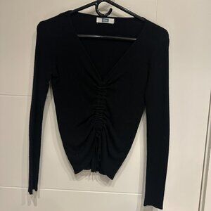 Black Ruched Front V-Neck Long Sleeve